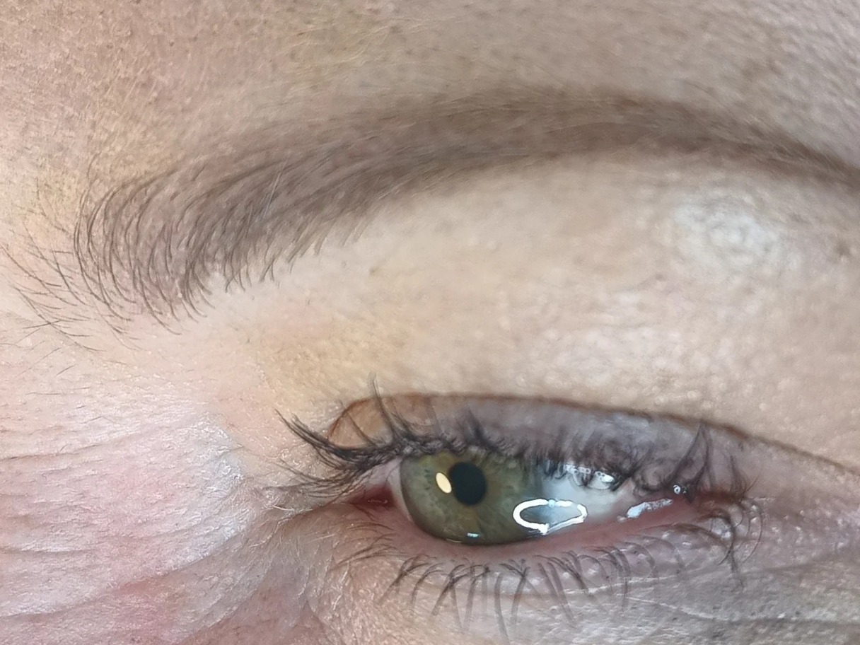 Close-up van een geheelde powder brow boven een groen oog, zacht bruin en natuurlijk